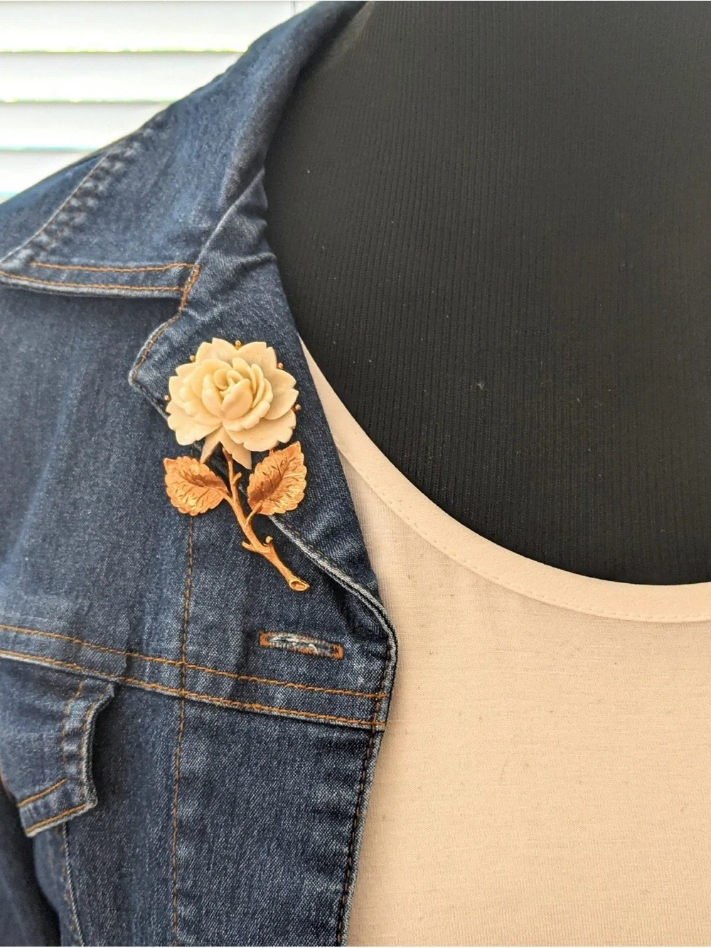 Vintage Carved Ivory Rose Brooch Textured Gold Stem Pin